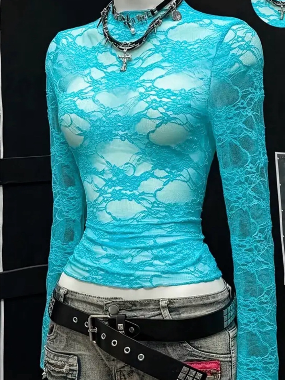 Sheer Lace Long-Sleeve Top in Turquoise